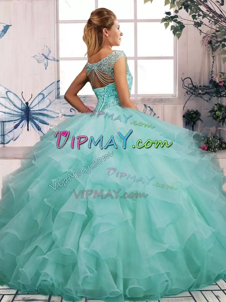 Dazzling Yellow Off The Shoulder Neckline Beading and Ruffles Ball Gown Prom Dress Sleeveless Lace Up