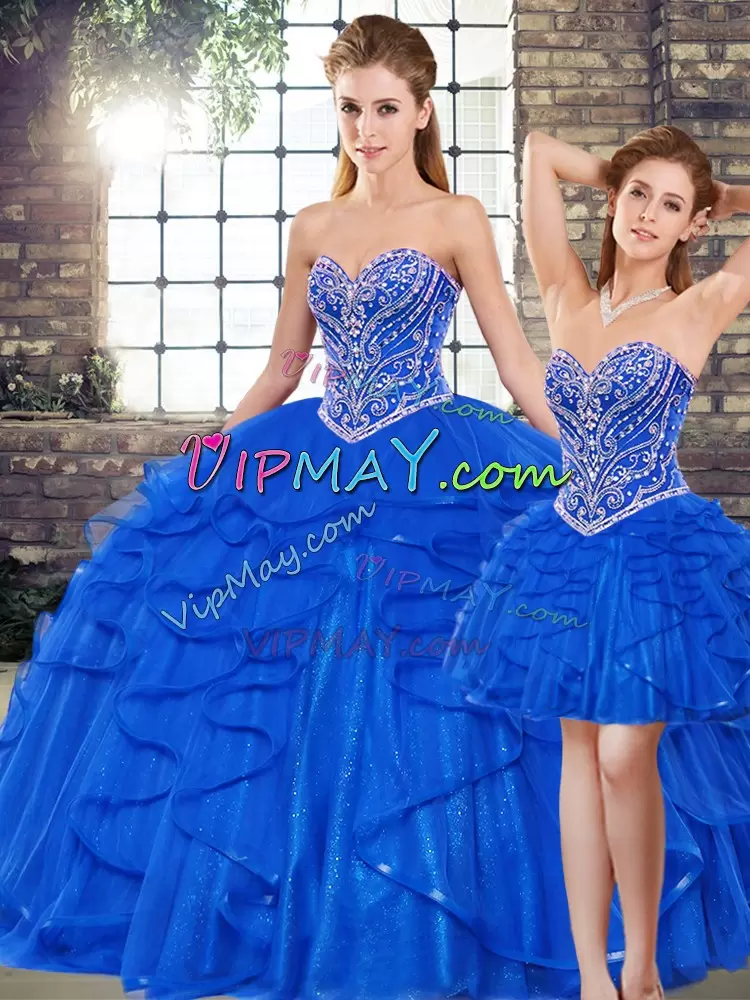 Floor Length Royal Blue Sweet 16 Dresses Tulle Sleeveless Beading and Ruffles