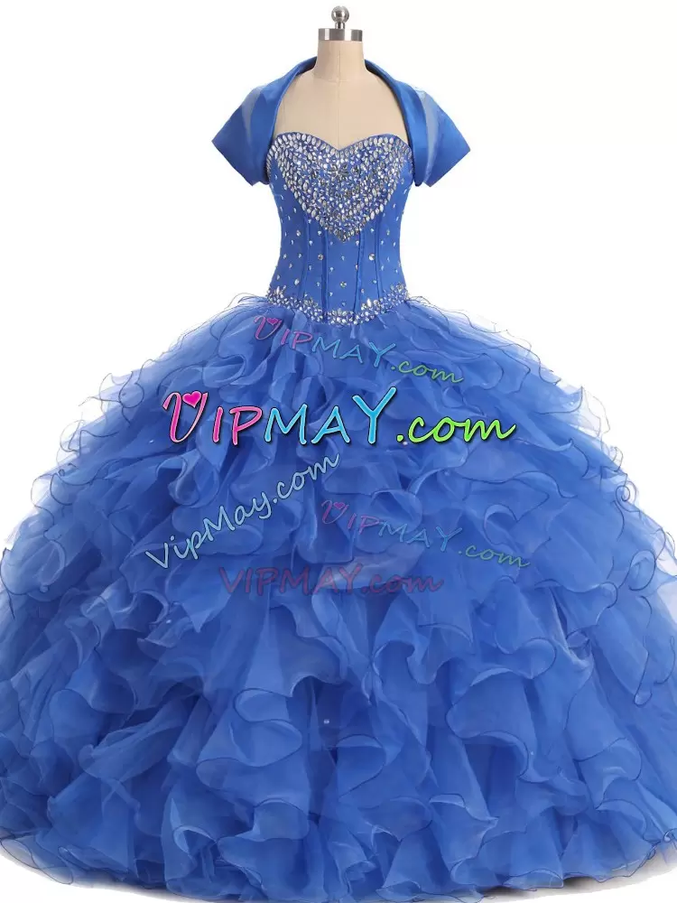 Blue Organza Lace Up Quince Ball Gowns Sleeveless Floor Length Beading and Ruffles