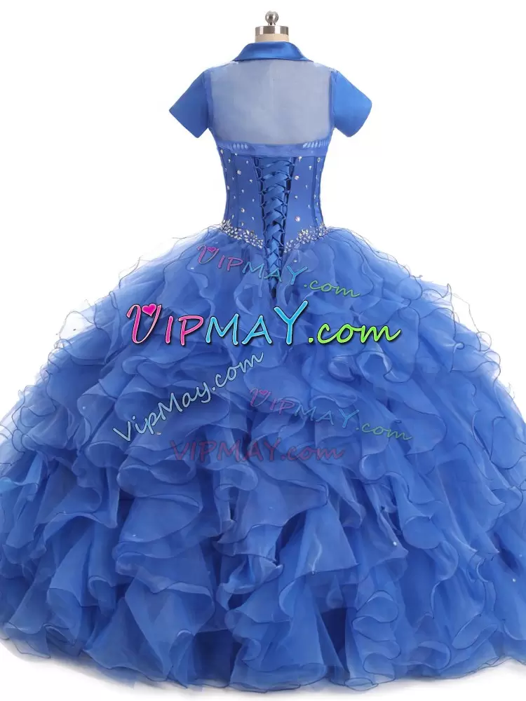 Blue Organza Lace Up Quince Ball Gowns Sleeveless Floor Length Beading and Ruffles