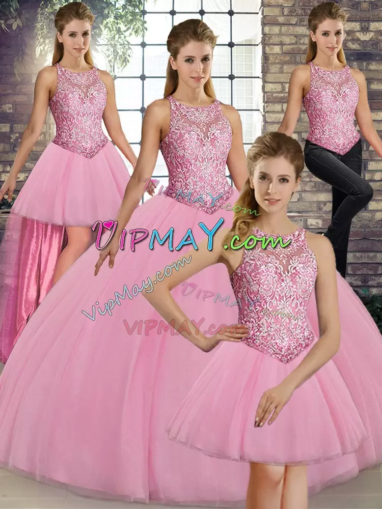 Flirting Floor Length Ball Gowns Sleeveless Pink Sweet 16 Dresses Lace Up