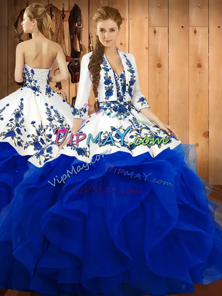 High End Blue Ball Gowns Satin and Organza Sweetheart Sleeveless Embroidery and Ruffles Floor Length Lace Up Quinceanera Gowns