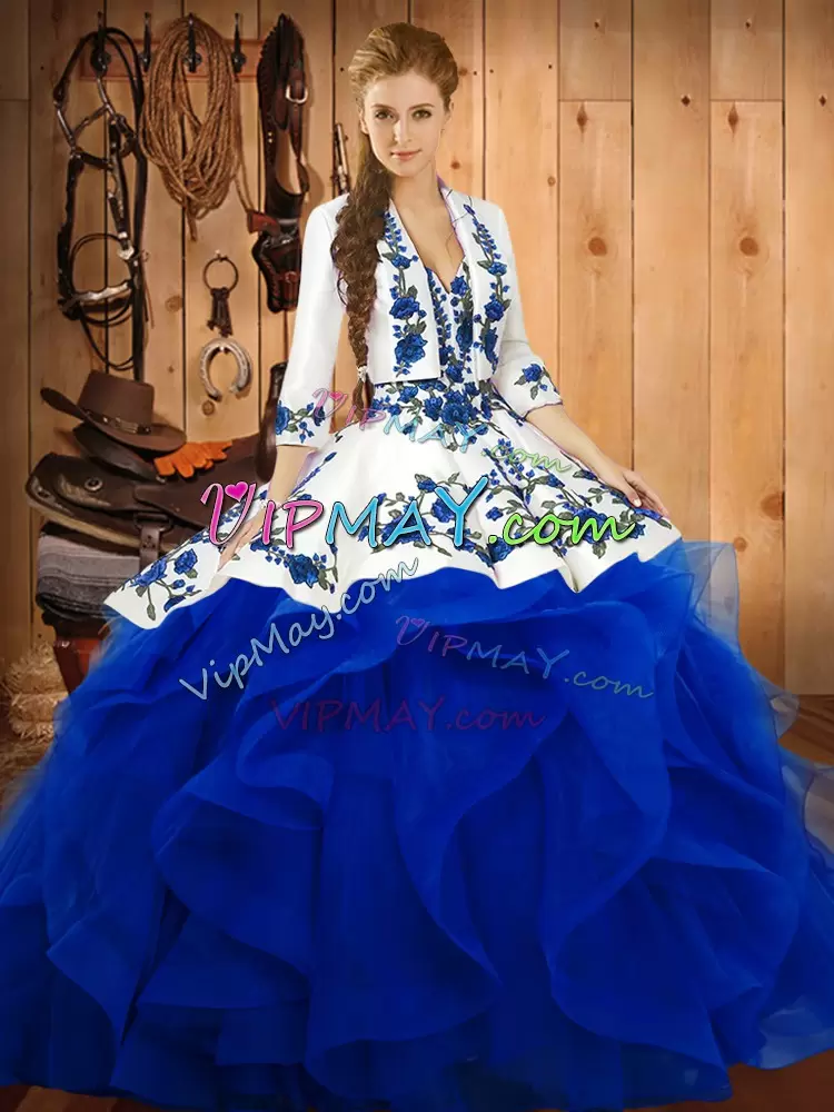 High End Blue Ball Gowns Satin and Organza Sweetheart Sleeveless Embroidery and Ruffles Floor Length Lace Up Quinceanera Gowns