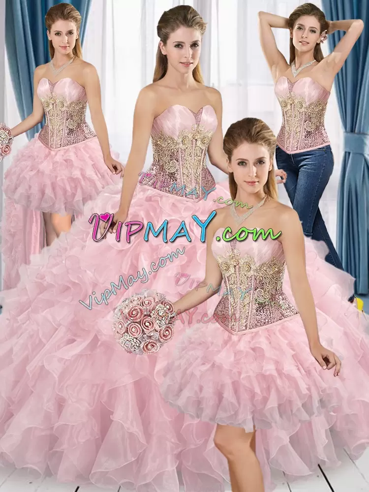 Baby Pink Organza Lace Up Sweetheart Sleeveless Floor Length Quinceanera Gown Beading and Ruffles