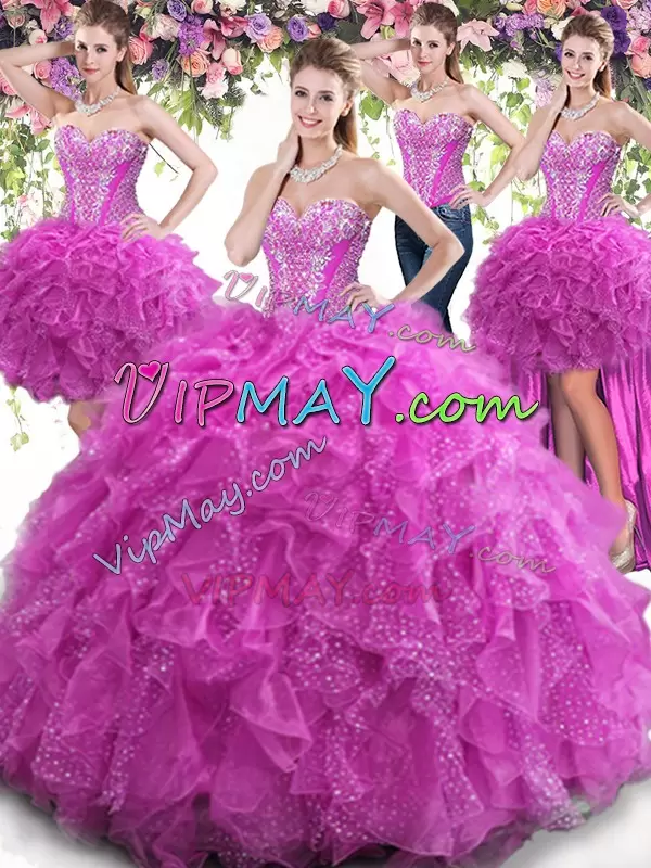 Elegant Sweetheart Sleeveless 15th Birthday Dress Floor Length Beading and Ruffles Fuchsia Tulle