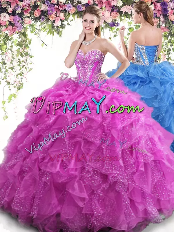 Elegant Sweetheart Sleeveless 15th Birthday Dress Floor Length Beading and Ruffles Fuchsia Tulle