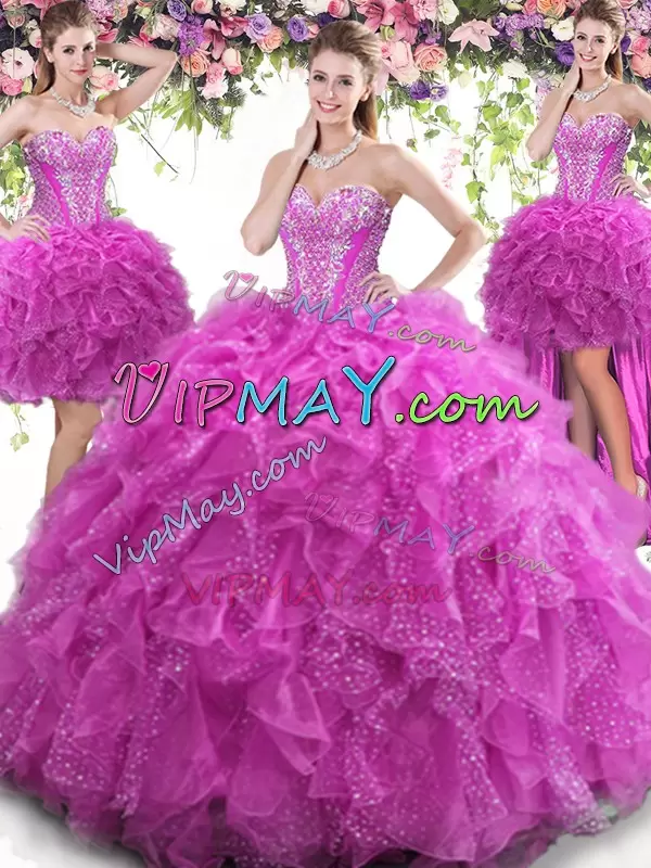 Elegant Sweetheart Sleeveless 15th Birthday Dress Floor Length Beading and Ruffles Fuchsia Tulle