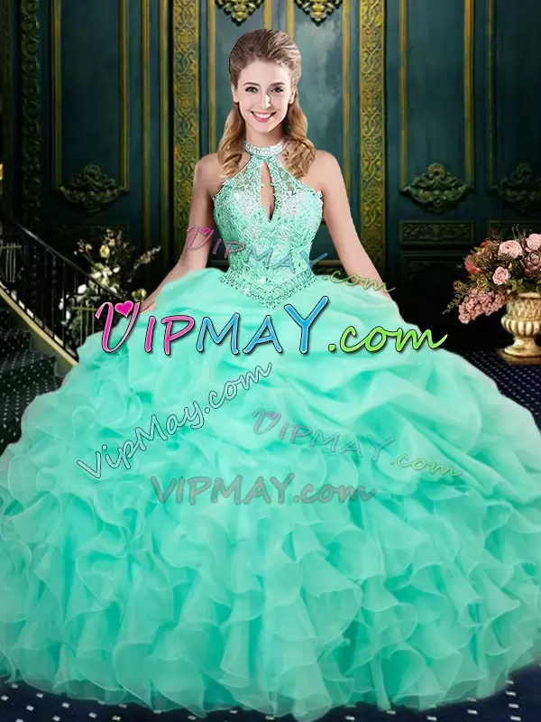 Pretty Floor Length Apple Green Ball Gown Prom Dress Organza Sleeveless Beading and Ruffles and Pick Ups