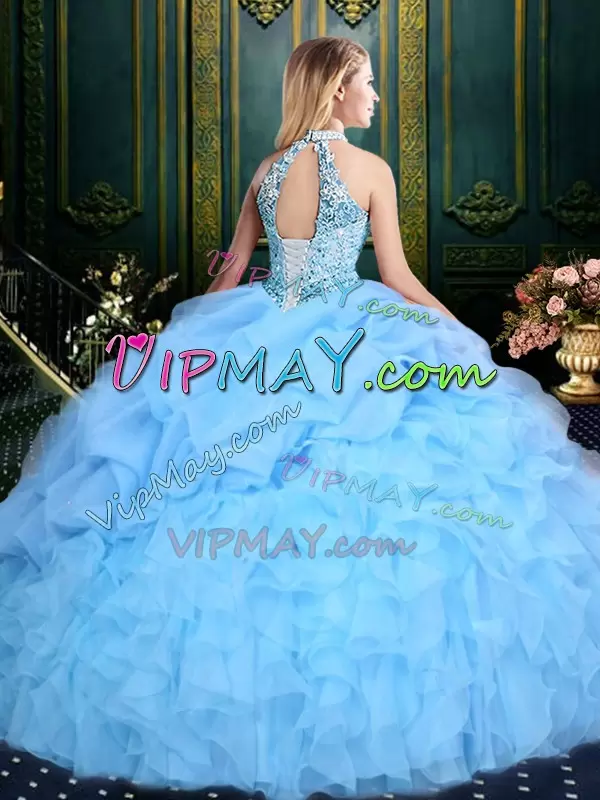 Pretty Floor Length Apple Green Ball Gown Prom Dress Organza Sleeveless Beading and Ruffles and Pick Ups