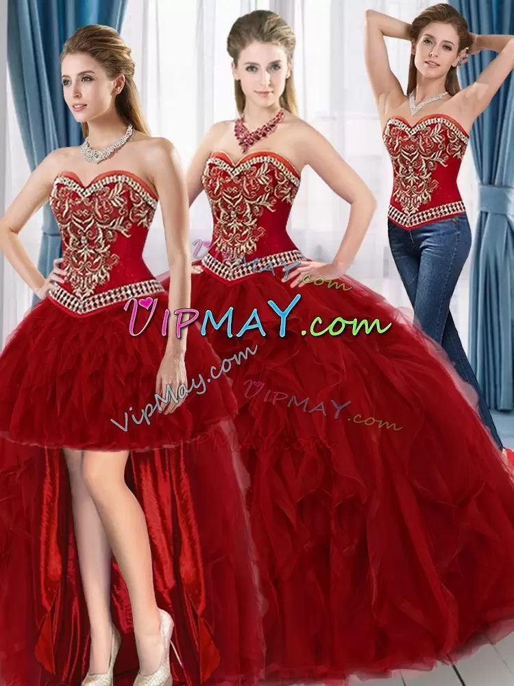 Smart Sleeveless Tulle Floor Length Lace Up Quinceanera Dress in Red with Beading and Ruffles