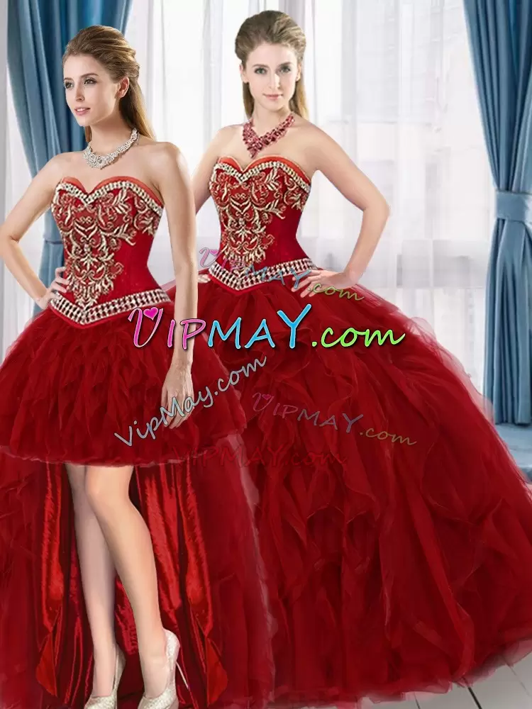 Smart Sleeveless Tulle Floor Length Lace Up Quinceanera Dress in Red with Beading and Ruffles