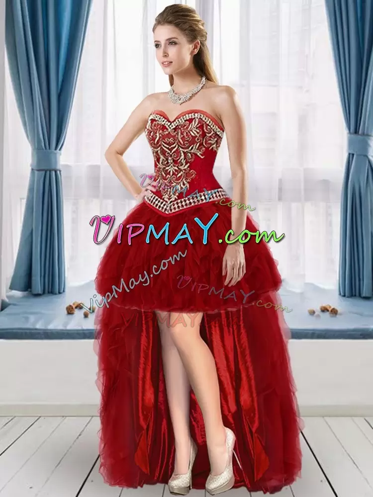 Smart Sleeveless Tulle Floor Length Lace Up Quinceanera Dress in Red with Beading and Ruffles