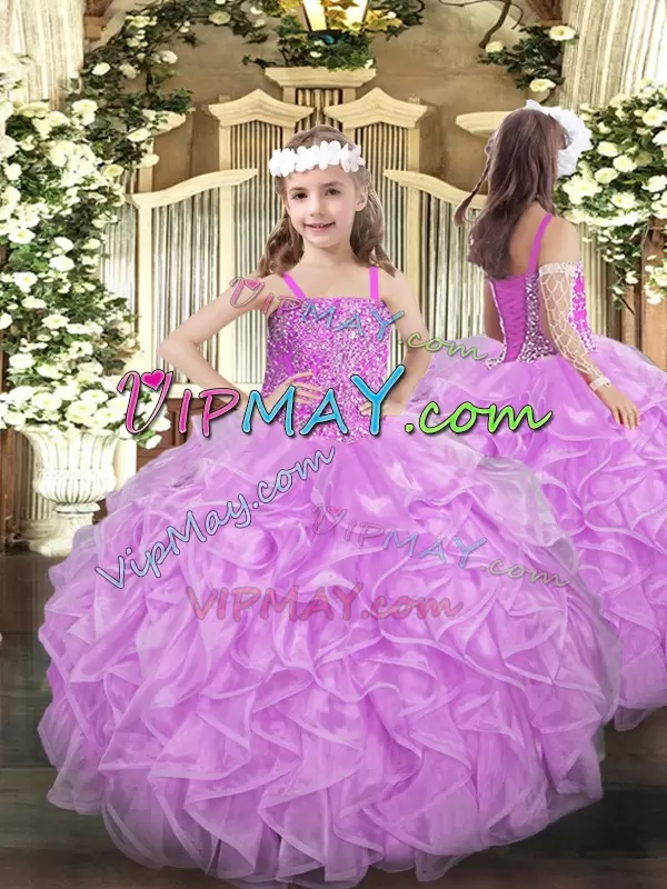 Traditional Floor Length Lilac Ball Gown Prom Dress Organza Sleeveless Beading and Ruffles