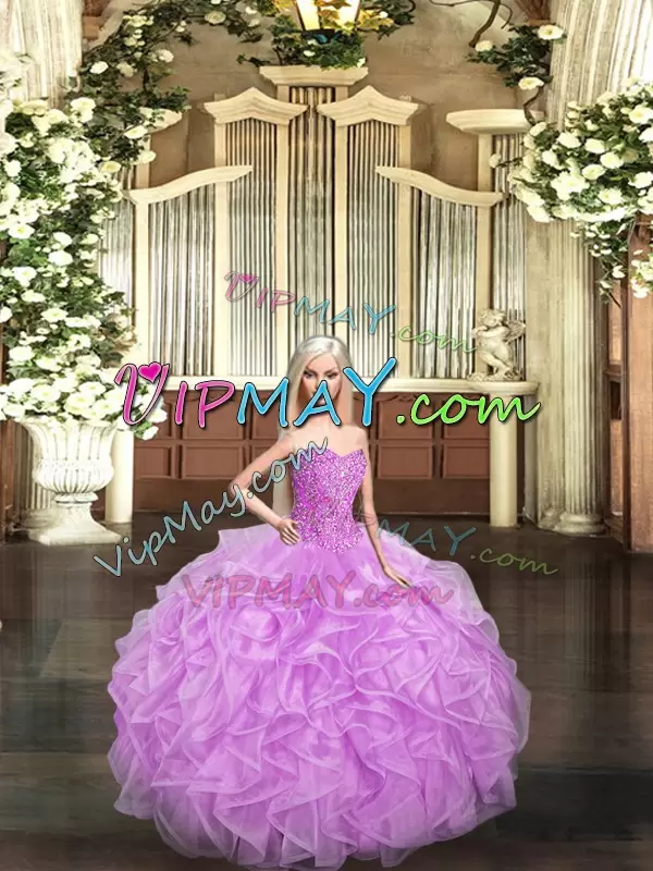 Traditional Floor Length Lilac Ball Gown Prom Dress Organza Sleeveless Beading and Ruffles