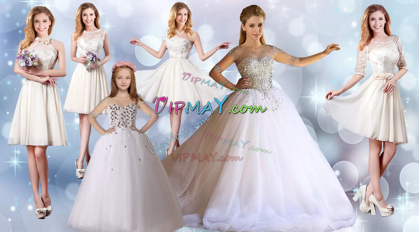 Scoop Half Sleeves Quinceanera Gowns Floor Length Beading White Tulle