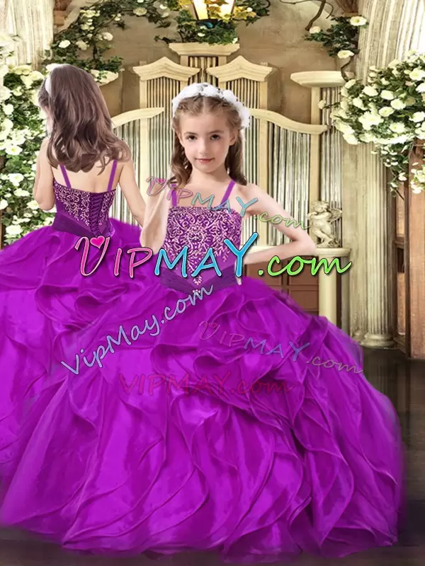 Best Sleeveless Floor Length Beading and Ruffles Lace Up Sweet 16 Dresses with Fuchsia