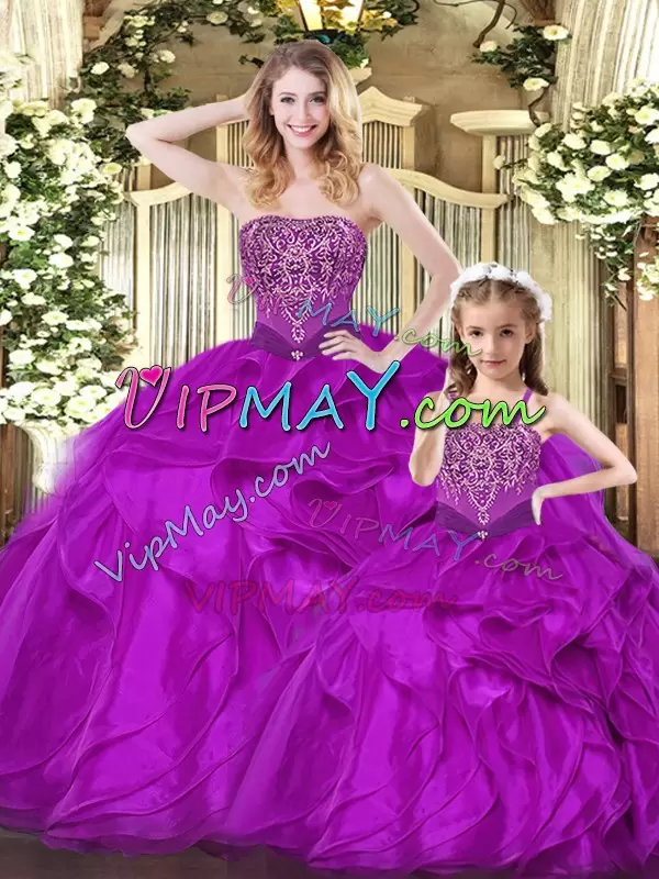 Best Sleeveless Floor Length Beading and Ruffles Lace Up Sweet 16 Dresses with Fuchsia