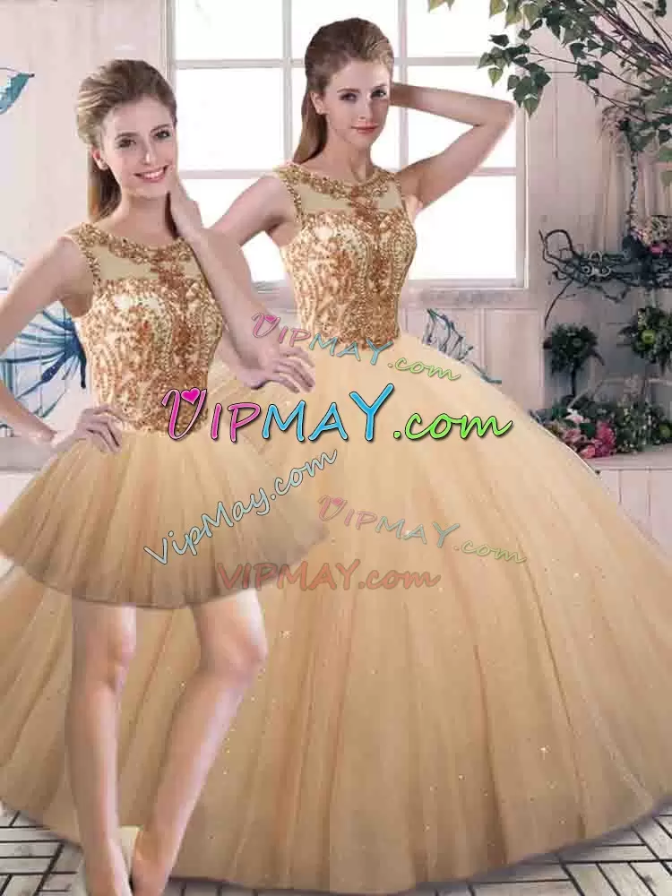 Low Price Floor Length Gold Quinceanera Dresses Scoop Sleeveless Lace Up