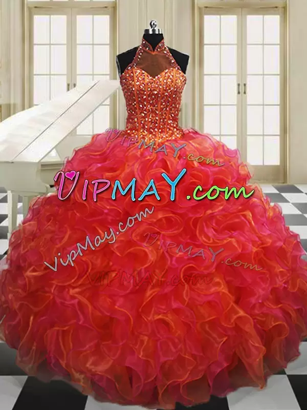 Exceptional Multi-color Lace Up Halter Top Beading and Ruffles Quinceanera Gown Organza Sleeveless