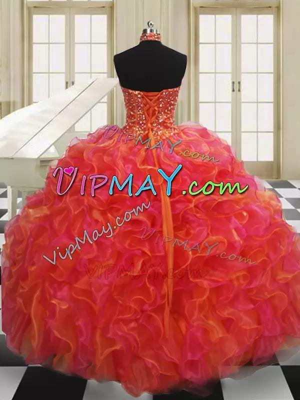 Exceptional Multi-color Lace Up Halter Top Beading and Ruffles Quinceanera Gown Organza Sleeveless