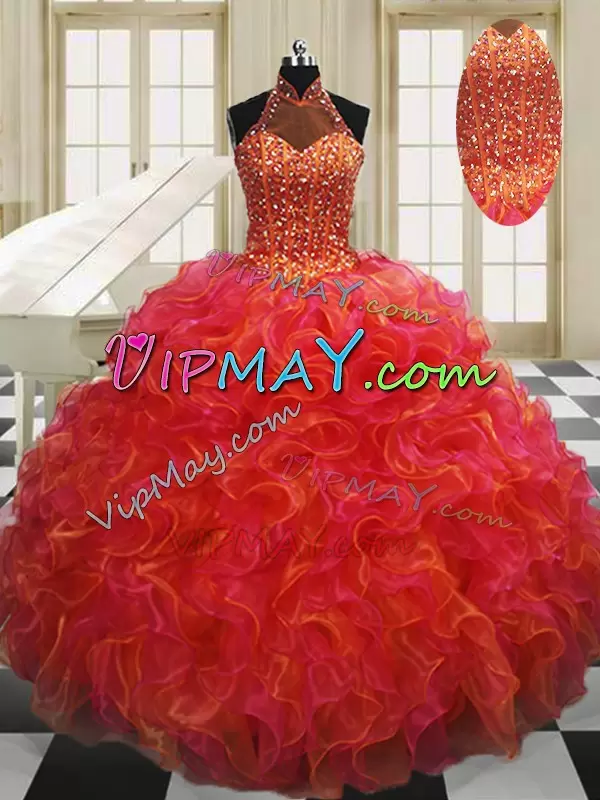 Exceptional Multi-color Lace Up Halter Top Beading and Ruffles Quinceanera Gown Organza Sleeveless