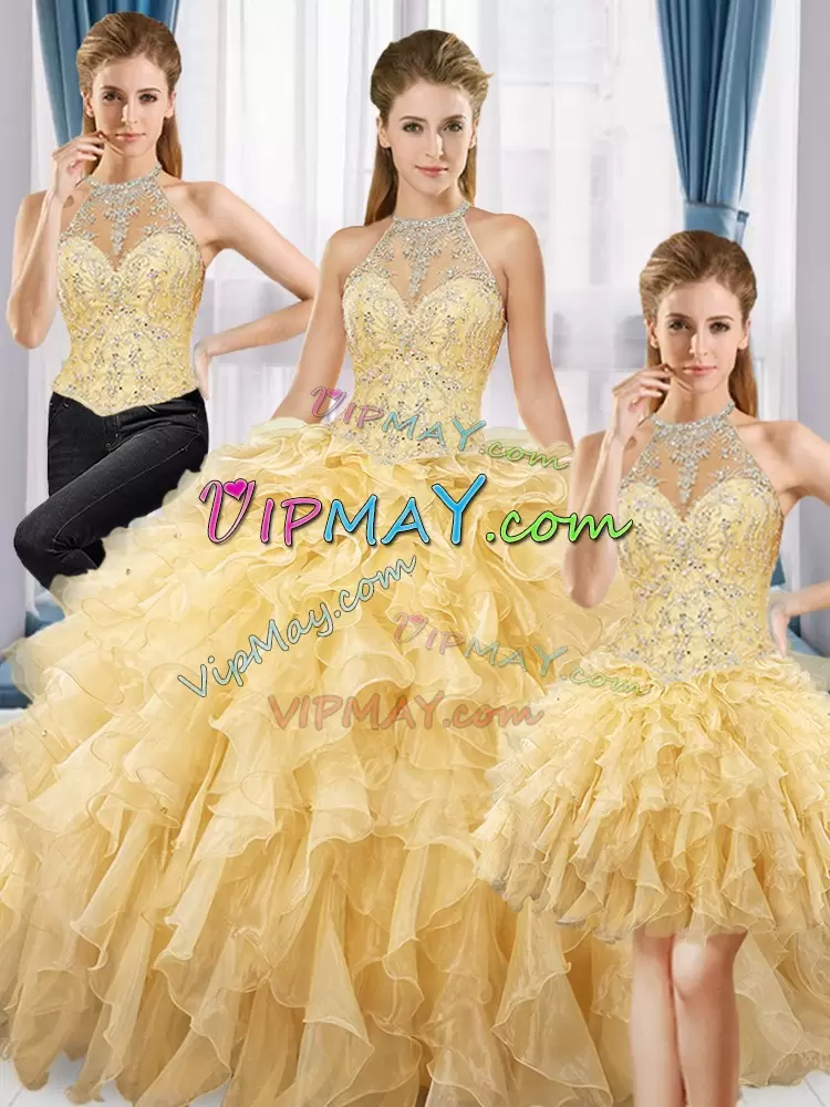 Custom Made Gold Ball Gowns Organza Halter Top Sleeveless Beading and Ruffles Floor Length Lace Up Sweet 16 Dresses