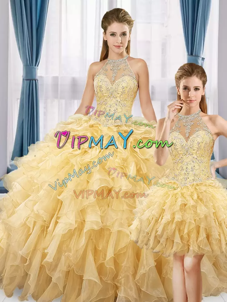 Custom Made Gold Ball Gowns Organza Halter Top Sleeveless Beading and Ruffles Floor Length Lace Up Sweet 16 Dresses