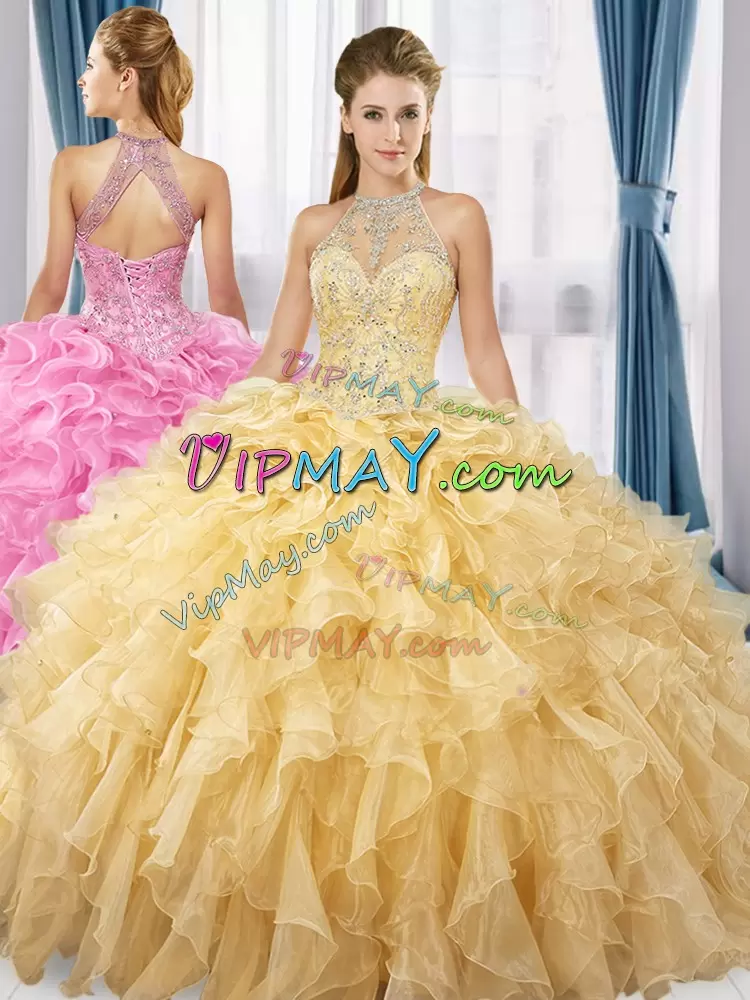 Custom Made Gold Ball Gowns Organza Halter Top Sleeveless Beading and Ruffles Floor Length Lace Up Sweet 16 Dresses