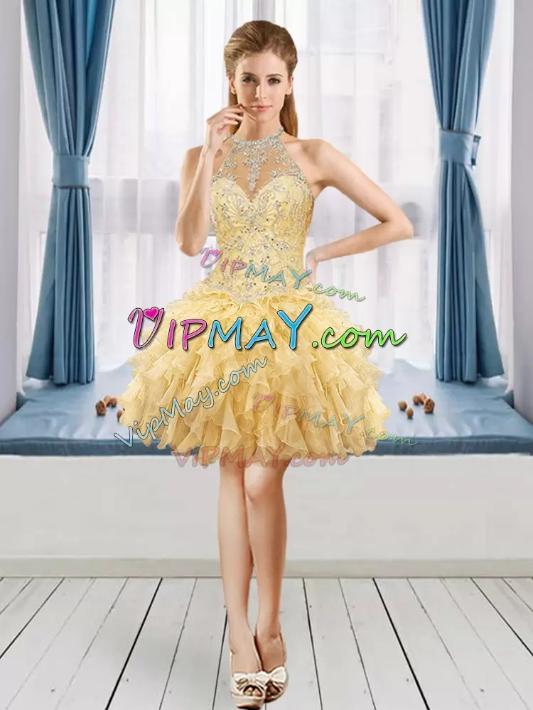 Custom Made Gold Ball Gowns Organza Halter Top Sleeveless Beading and Ruffles Floor Length Lace Up Sweet 16 Dresses