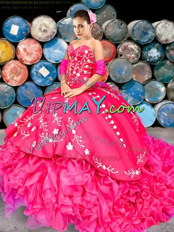 With Train Lace Up Sweet 16 Dresses Hot Pink for Military Ball and Sweet 16 and Quinceanera with Beading and Embroidery and Ruffles Brush Train