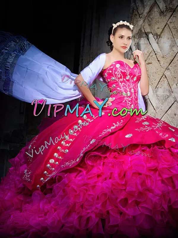 With Train Lace Up Sweet 16 Dresses Hot Pink for Military Ball and Sweet 16 and Quinceanera with Beading and Embroidery and Ruffles Brush Train