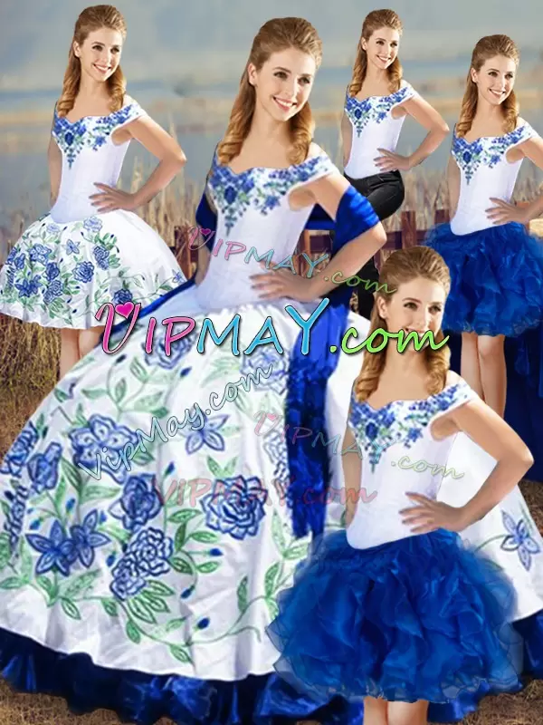 Floor Length Blue And White Quinceanera Dresses Off The Shoulder Sleeveless Lace Up