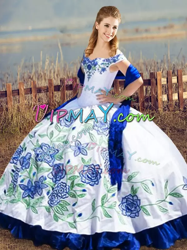 Floor Length Blue And White Quinceanera Dresses Off The Shoulder Sleeveless Lace Up
