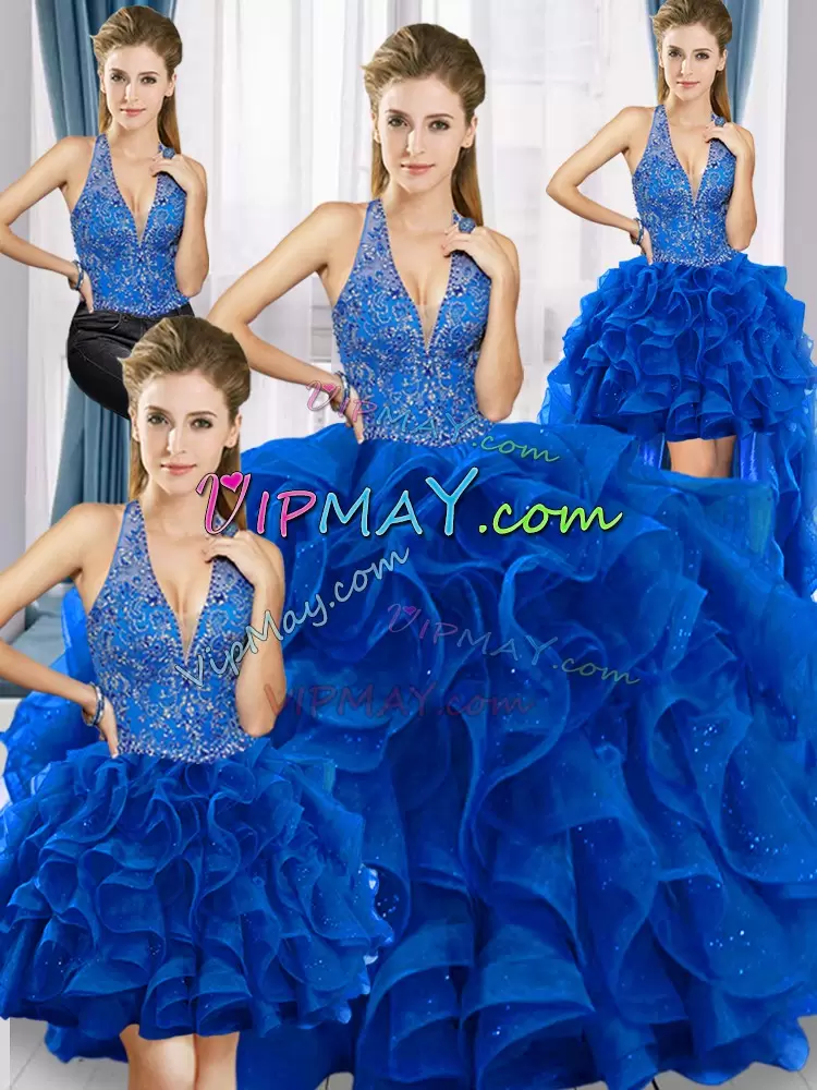 Royal Blue Ball Gowns Beading and Ruffles Quinceanera Gowns Lace Up Tulle Sleeveless Floor Length