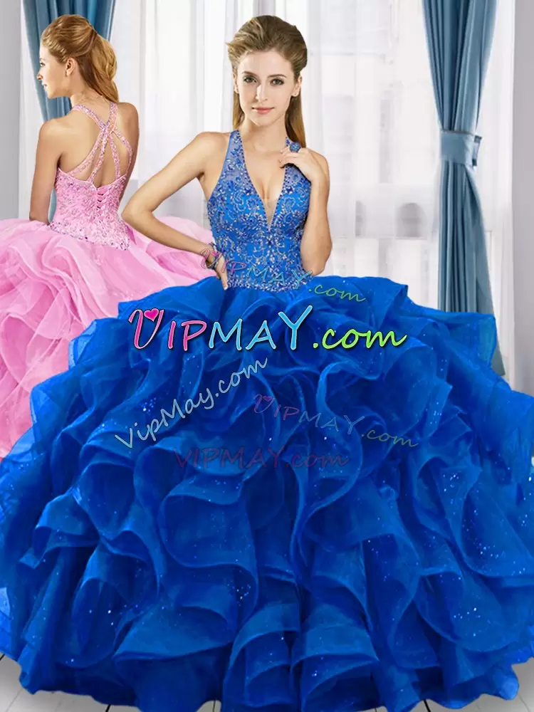 Royal Blue Ball Gowns Beading and Ruffles Quinceanera Gowns Lace Up Tulle Sleeveless Floor Length