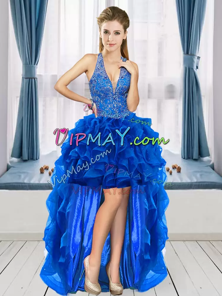 Royal Blue Ball Gowns Beading and Ruffles Quinceanera Gowns Lace Up Tulle Sleeveless Floor Length