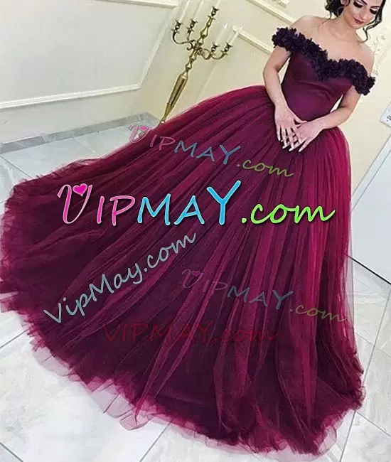 Off The Shoulder Sleeveless Sweep Train Lace Up Quinceanera Dresses Burgundy Tulle Hand Made Flower