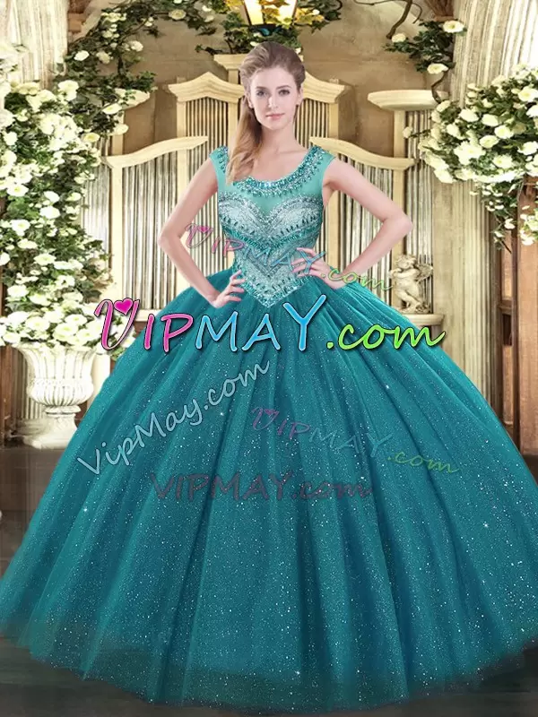 Scoop Sleeveless 15 Quinceanera Dress Floor Length Beading Teal Tulle and Sequined