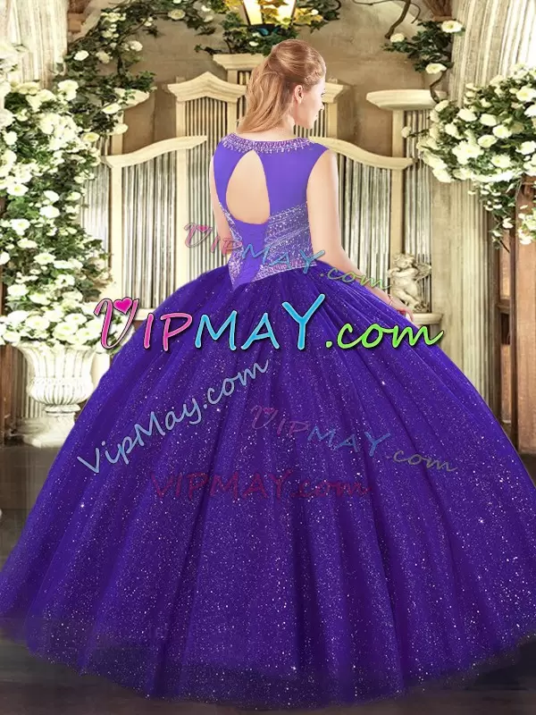 Scoop Sleeveless 15 Quinceanera Dress Floor Length Beading Teal Tulle and Sequined