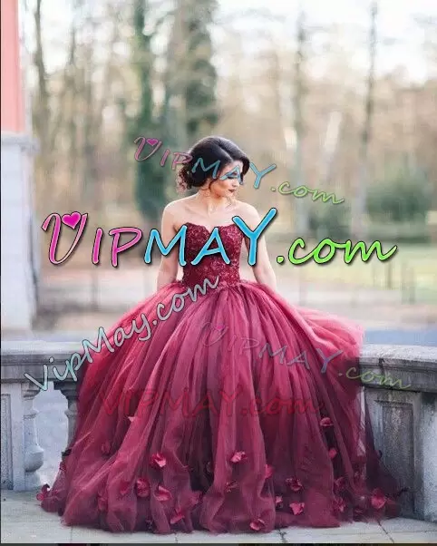 Burgundy Sleeveless Tulle Lace Up Ball Gown Prom Dress for Party and Military Ball and Sweet 16 and Quinceanera