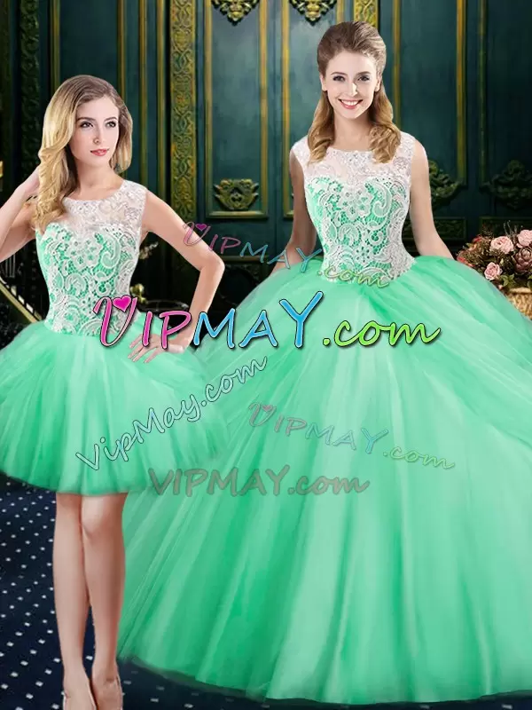 Custom Fit Floor Length Ball Gowns Sleeveless Apple Green Quince Ball Gowns Lace Up