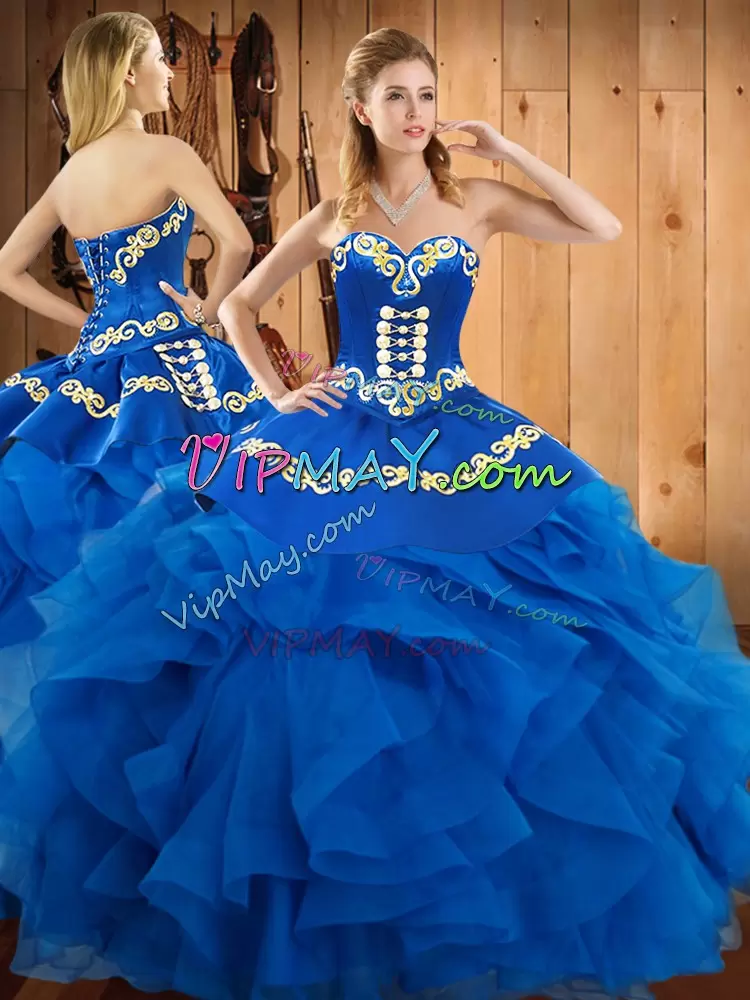 Spectacular Satin and Organza Sweetheart Sleeveless Lace Up Embroidery and Ruffles Quinceanera Gowns in Blue