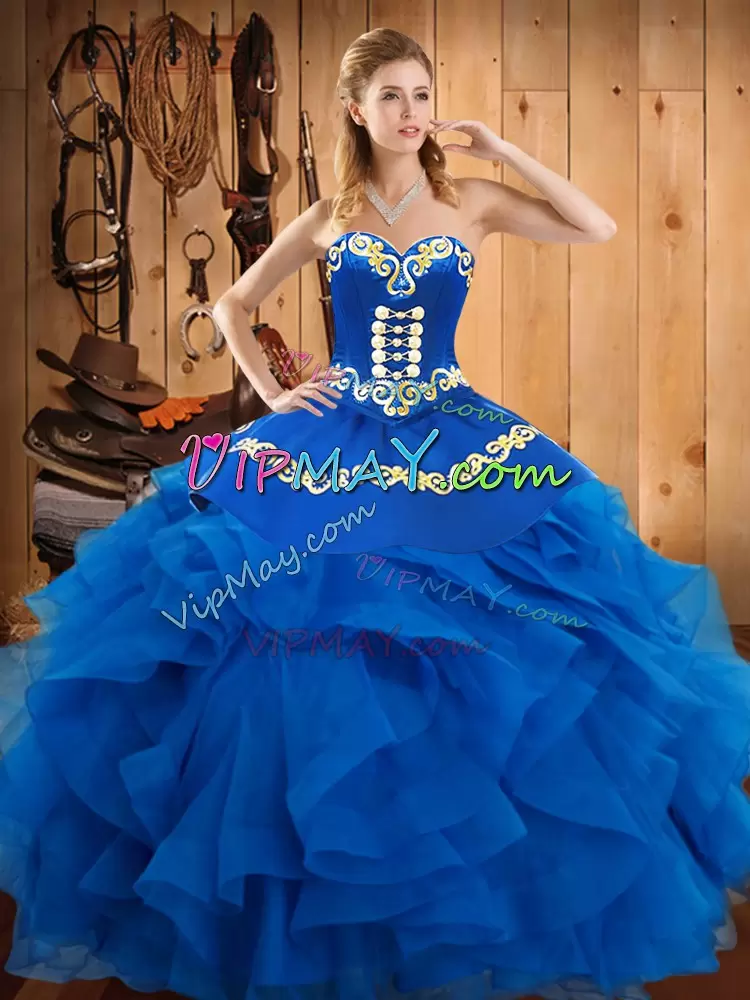 Spectacular Satin and Organza Sweetheart Sleeveless Lace Up Embroidery and Ruffles Quinceanera Gowns in Blue