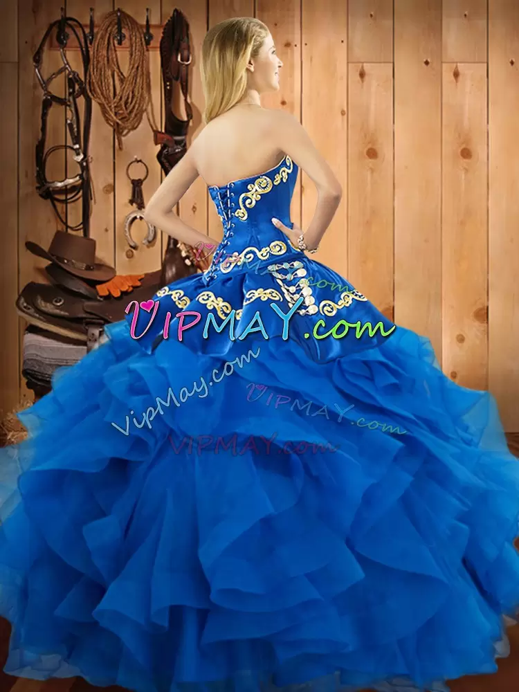 Spectacular Satin and Organza Sweetheart Sleeveless Lace Up Embroidery and Ruffles Quinceanera Gowns in Blue