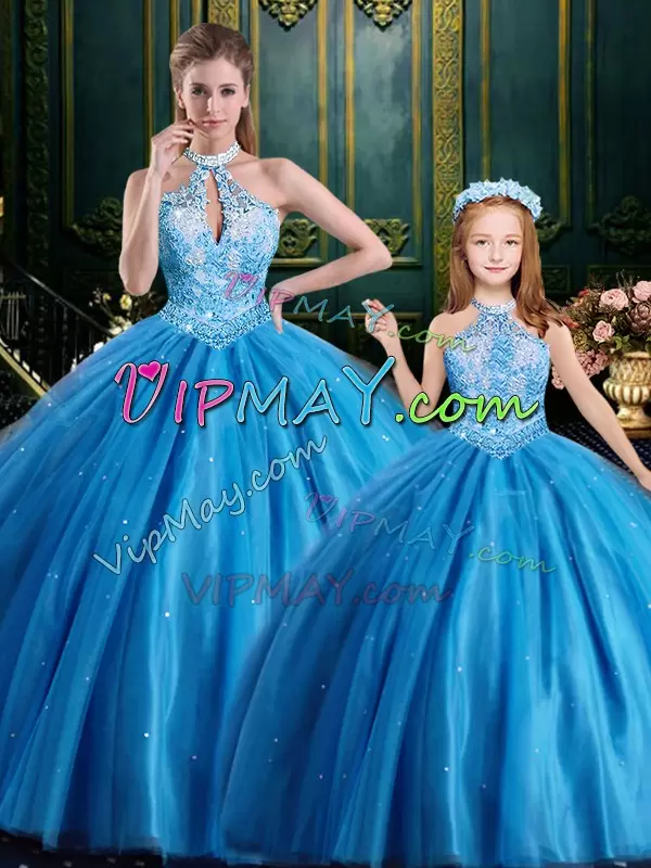 Floor Length Baby Blue Quince Ball Gowns High-neck Sleeveless Lace Up