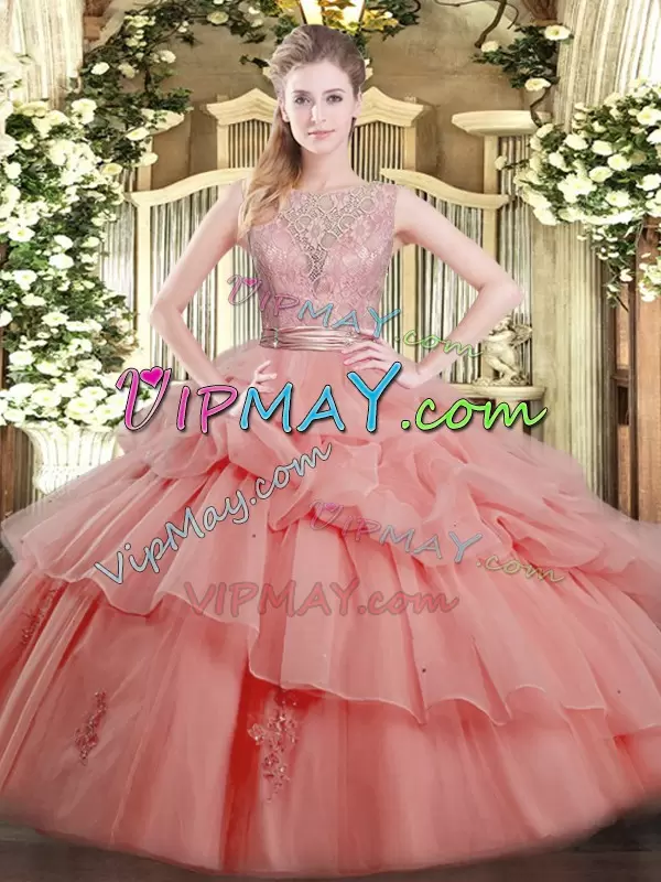 Dazzling Floor Length Watermelon Red Vestidos de Quinceanera Tulle Sleeveless Beading and Ruffled Layers