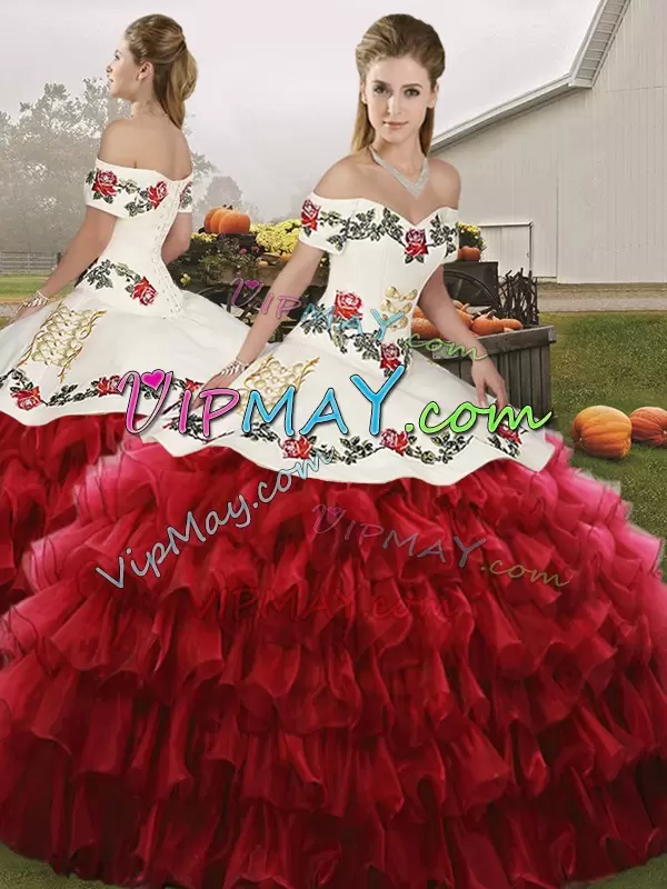 Western Style Embroidered Off The Shoulder Ruffled Layers Quinceanera Gown Wine and Red