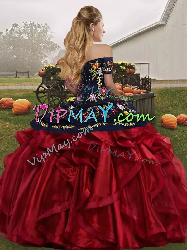 Charro Ball Gown Quinceanera Dress Royal Blue And Black Off The Shoulder Organza Floor Length Lace Up