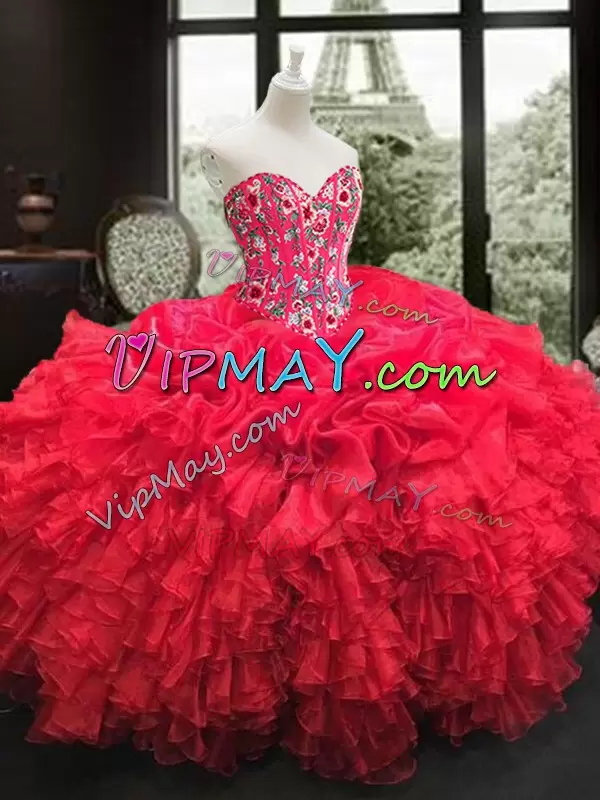 Sweetheart Sleeveless Lace Up Sweet 16 Dress Red Organza Embroidery and Ruffles