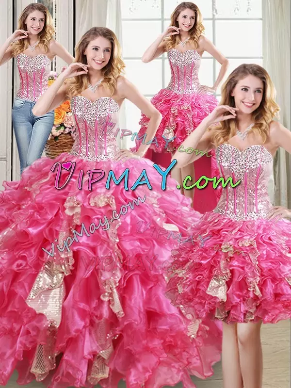 Luxurious Organza Sweetheart Sleeveless Lace Up Beading and Ruffles and Sequins Sweet 16 Dress in Hot Pink